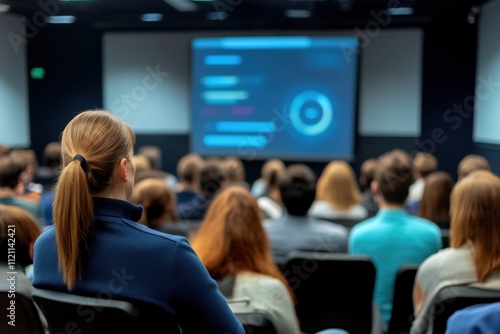 A diverse audience focuses on a business presentation in a conference room, emphasizing education and engagement.