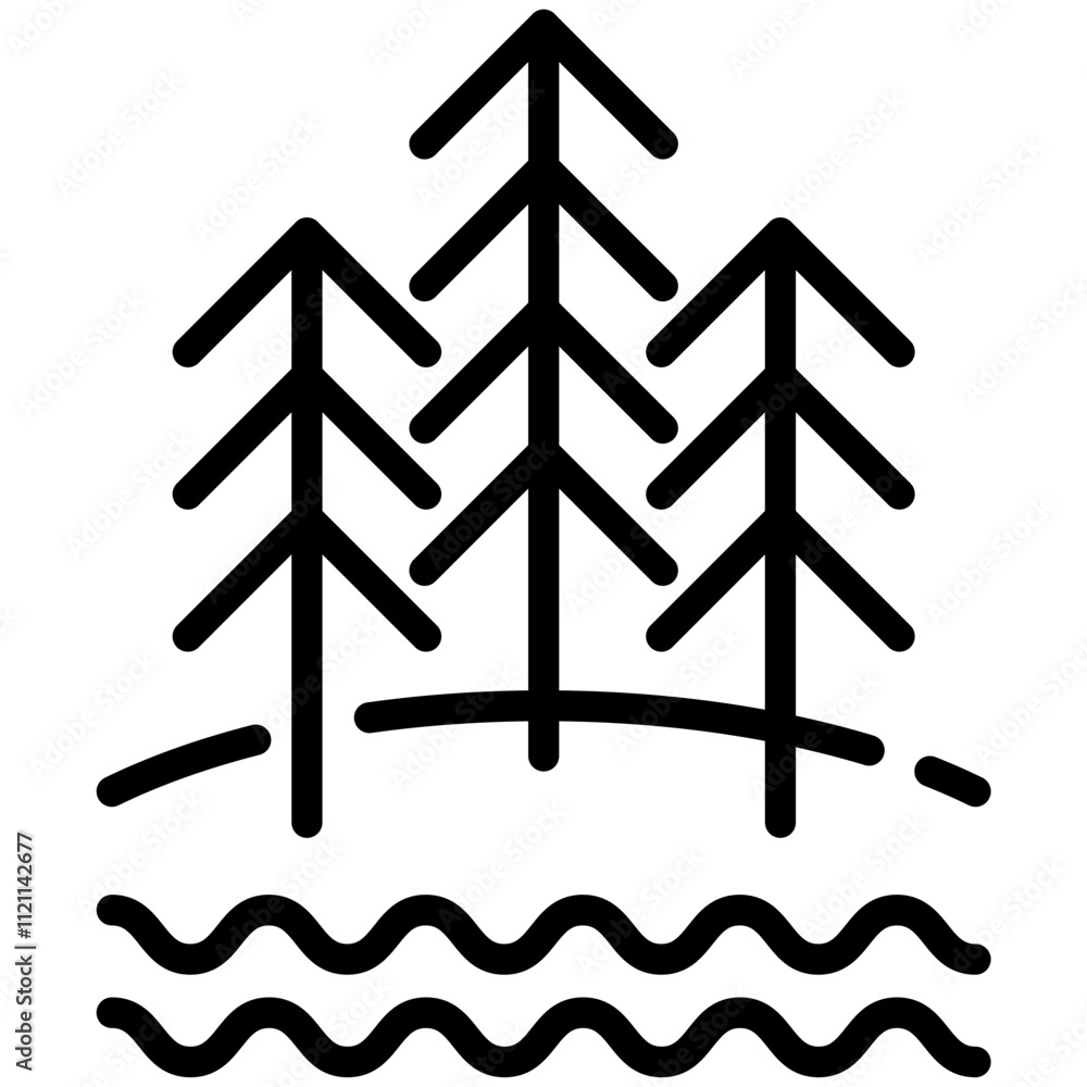 Landscape line icon. Fir forest and body of water outline vector sign. Nature linear style pictogram. Symbol, logo illustration. Editable stroke. Landscape line icon. Fir forest and body of water outline vector sign. Nature linear style pictogram. Symbol, logo illustration. Editable stroke.