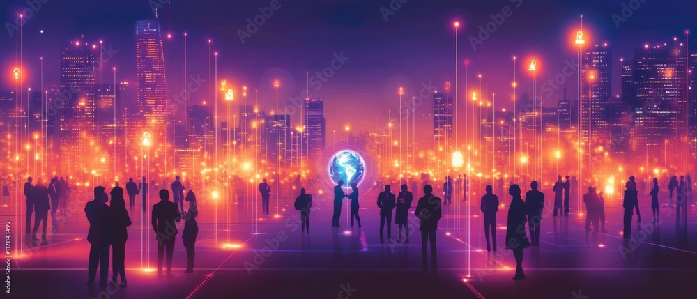 Obraz premium Global Network: Silhouetted People Connected in Illuminated Cityscape