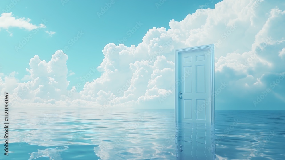 Surreal door opening to a vast sky with clouds and reflections,幻想的な空と雲、そして反射のある広大な空間に開かれたドア、Generative AI Surreal door opening to a vast sky with clouds and reflections,幻想的な空と雲、そして反射のある広大な空間に開かれたドア、Generative AI
