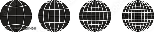 World glob icons set. World planet earth black flat line vector collection isolated on transparent background. Globes with world maps symbol. Silhouette of the Geographical globe with meridians web.