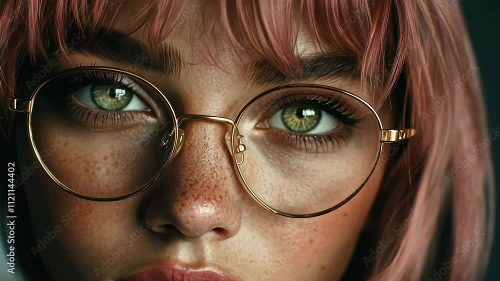 Close-up portrait of a young person with pink hair and glasses, showcasing vibrant eyes and freckles in soft lighting Close-up portrait of a young person with pink hair and glasses, showcasing vibrant eyes and freckles in soft lighting