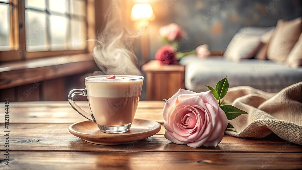 Aromatic coffee with a delicate rose on a rustic wooden table, soft light from a window, creating a peaceful and romantic morning scene Aromatic coffee with a delicate rose on a rustic wooden table, soft light from a window, creating a peaceful and romantic morning scene