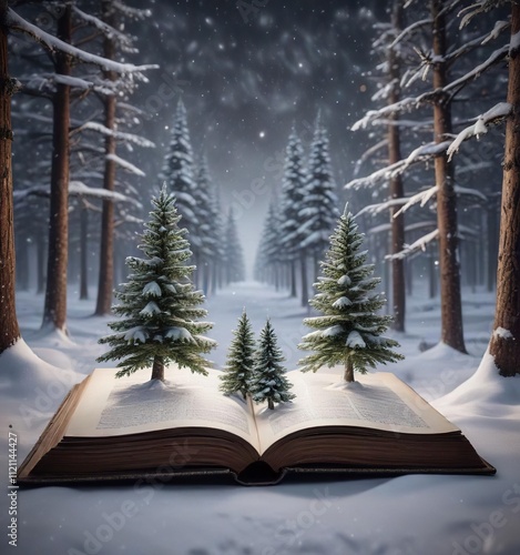 Pages of a leather-bound tome revealing a snowy woodscape with twinkling Christmas trees, magical atmosphere, cozy ambiance, winter foliage