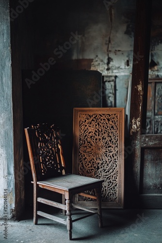 An antique wooden frame carved with intricate patterns resting on a vintage console table.