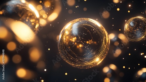 Floating golden spheres interconnected by shimmering lines, symbolizing prosperity networks. photo