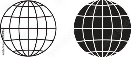 World glob icons set. World planet earth black flat line vector collection isolated on transparent background. Globes with world maps symbol. Silhouette of the Geographical globe with meridians web.