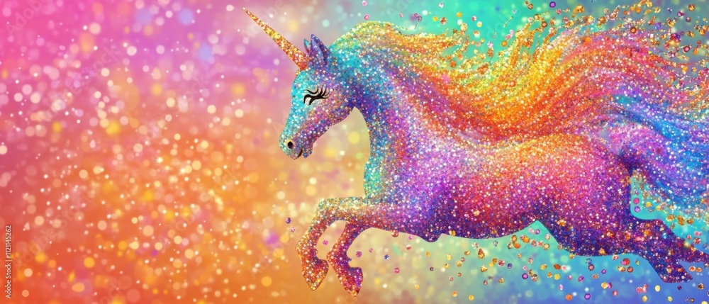 Obraz premium Magical Rainbow Glitter Unicorn Galloping Through Sparkling Bokeh Background