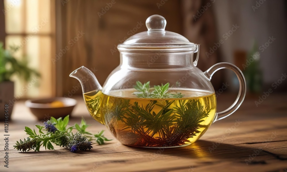 Glass teapot on a rustic wooden surface with herbal infusion, natural, calm, earthy Glass teapot on a rustic wooden surface with herbal infusion, natural, calm, earthy