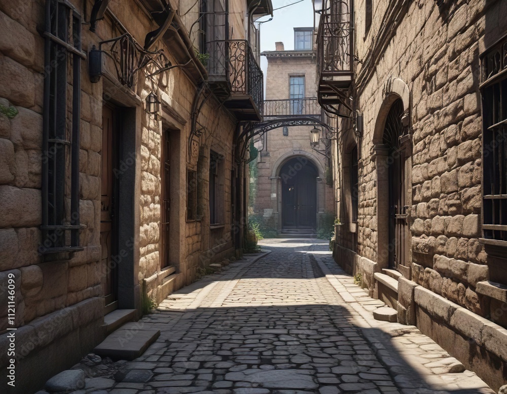 Fototapeta premium Narrow alleyway lined with worn stone walls and ornate ironwork , gothic arches, ancient roman buildings, stone walls