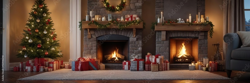 A cozy fireplace with a Christmas tree and presents on the mantle, present wrapping paper, cozy fireplace A cozy fireplace with a Christmas tree and presents on the mantle, present wrapping paper, cozy fireplace