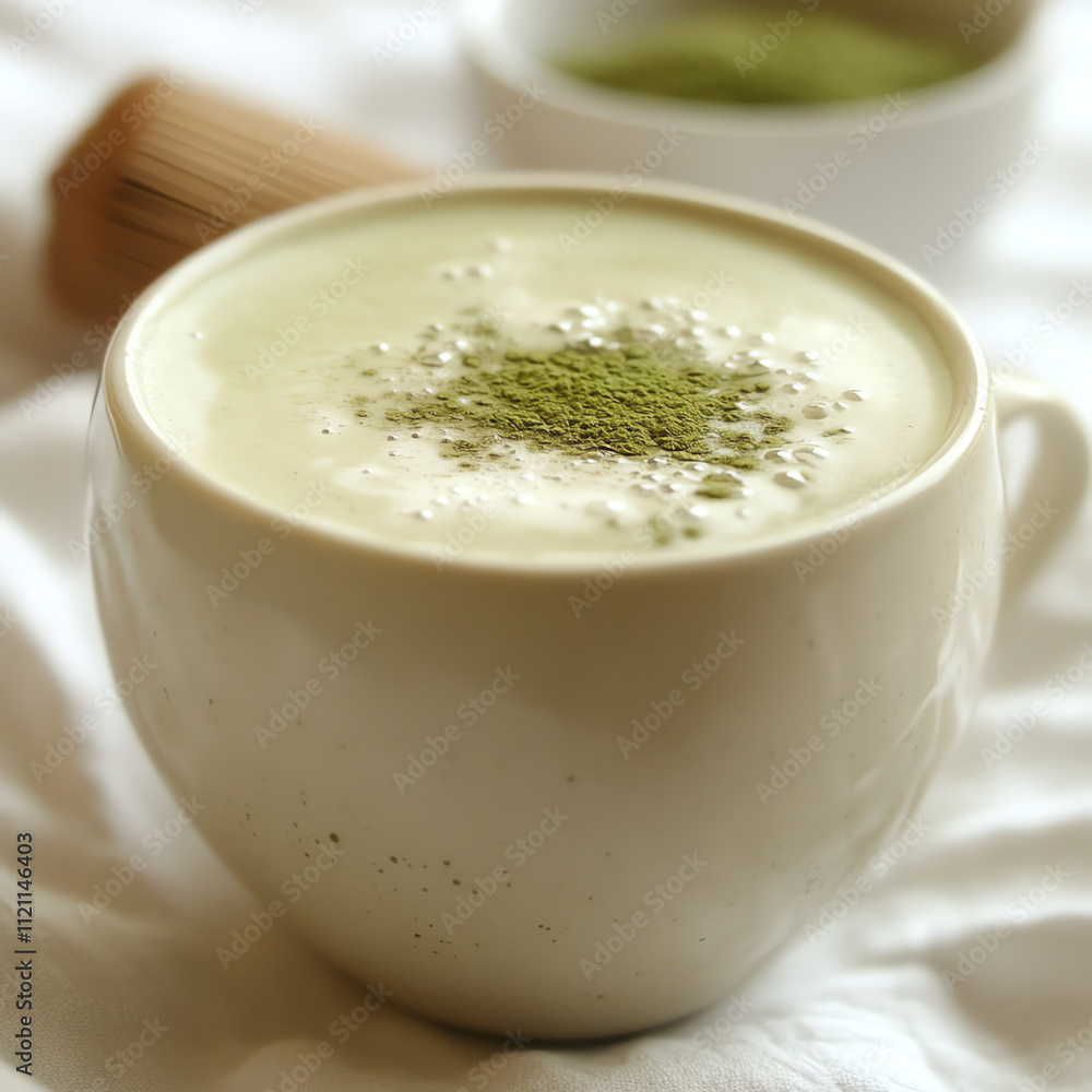 A Cup of Matcha Tea with a Frothy Green Top on White A Cup of Matcha Tea with a Frothy Green Top on White