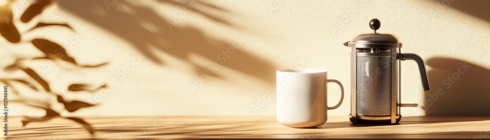 A sleek white coffee cup next to a French press on a wooden table with soft morning light A sleek white coffee cup next to a French press on a wooden table with soft morning light