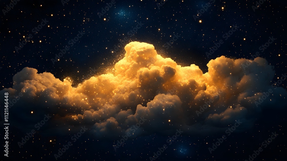 Luminous golden clouds floating in a dark starry sky. Luminous golden clouds floating in a dark starry sky.
