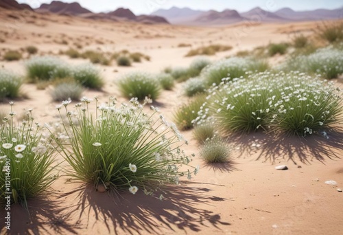 Long strands of grass with delicate white flowers blooming in the desert landscape, tall grasses, delicate white flowers photo