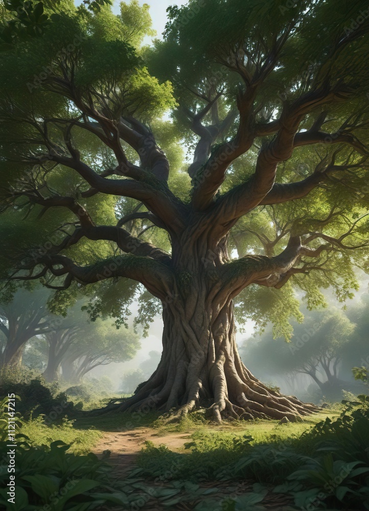 Fototapeta premium The branches of a massive tree are covered in a thick layer of leaves and vines, tree branches, tropical plants