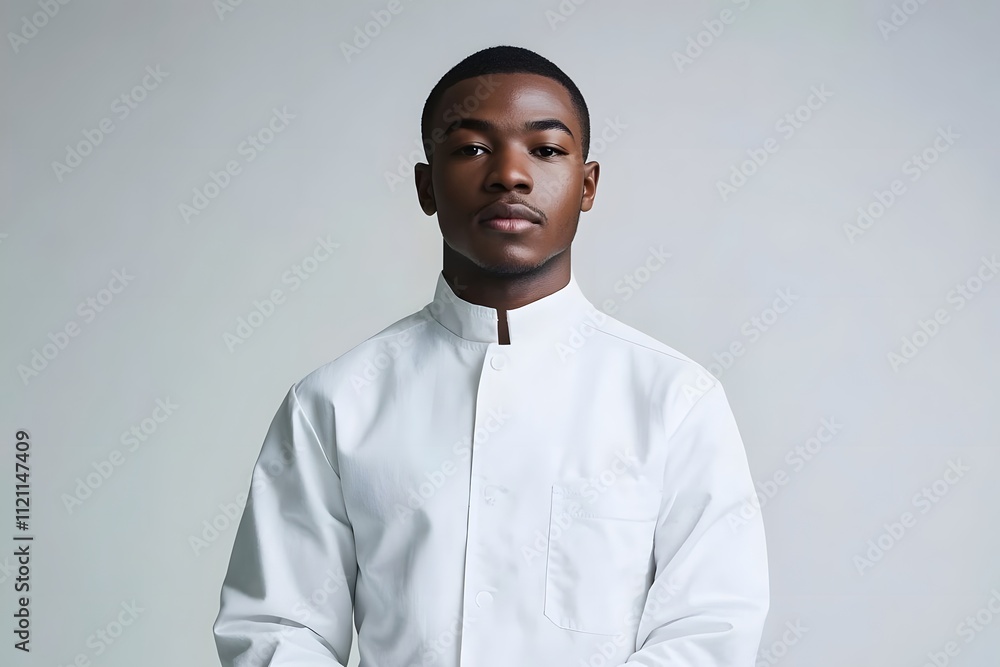 A young man in a white outfit poses confidently against a neutral background. A young man in a white outfit poses confidently against a neutral background.