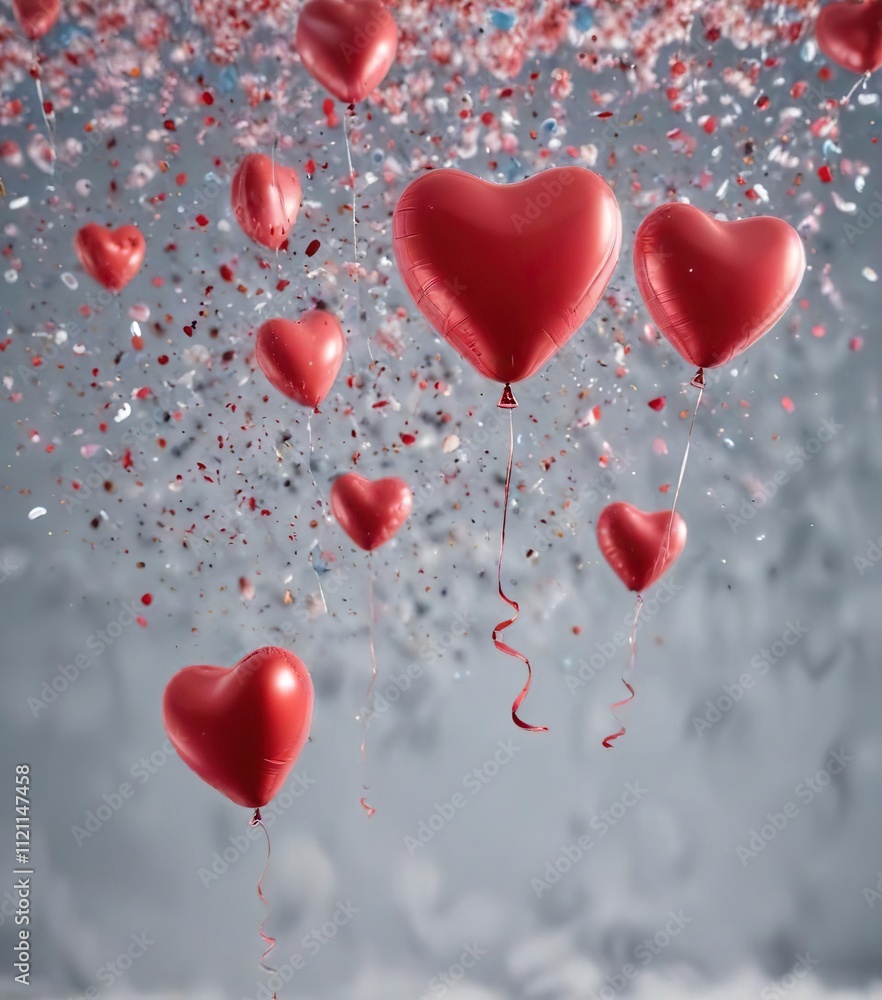 Heart-shaped balloons floating upwards in the air with confetti and ribbons , balloon, ribbon Heart-shaped balloons floating upwards in the air with confetti and ribbons , balloon, ribbon