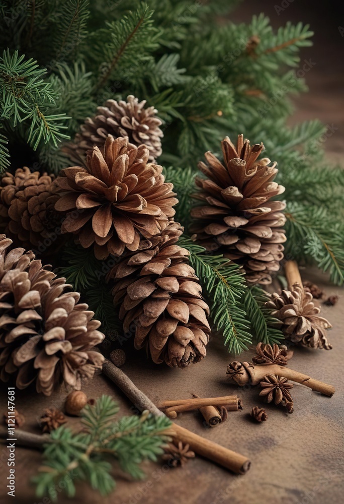 A Christmas Eve still life of pinecones, cinnamon sticks, and evergreen branches, pinecones, cinnamon sticks, holiday decorations A Christmas Eve still life of pinecones, cinnamon sticks, and evergreen branches, pinecones, cinnamon sticks, holiday decorations