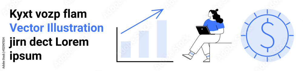 Bar chart with upward trend, woman using laptop, and currency symbol. Ideal for finance, business growth, online work, financial planning, economic success, productivity, content creation. Landing Bar chart with upward trend, woman using laptop, and currency symbol. Ideal for finance, business growth, online work, financial planning, economic success, productivity, content creation. Landing