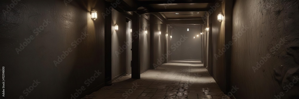 Narrow passageway with low ceilings and dim lighting, dusty , narrow Narrow passageway with low ceilings and dim lighting, dusty , narrow
