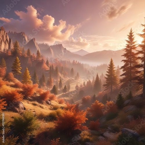 Soft morning light filters through wispy clouds in a serene forest landscape, with hills and trees bathed in warm colors, morning sunrise, calm scene