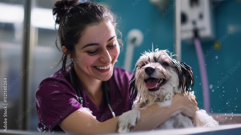 Happy Dog Grooming Woman Baths Small Fluffy Pet in Tub Happy Dog Grooming Woman Baths Small Fluffy Pet in Tub