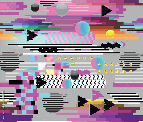 Seamless Pattern Glitch Design. Cyberpunk Digital Background with Geometric Gradient Elements. Abstract Composition for Fabric Fashion 80s-90s, Posters, Cover. Vector illustration
