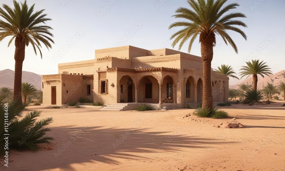 Desert Landscape with Traditional Arabic Home and Date Palms, palm trees in desert arabiadwelling, traditional gulf palmtrees Desert Landscape with Traditional Arabic Home and Date Palms, palm trees in desert arabiadwelling, traditional gulf palmtrees