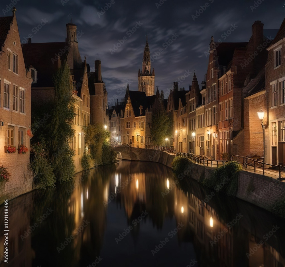 Fototapeta premium Panoramic long exposure of Bruges canals at night, reflective waters, panoramic shot, Bruges canals