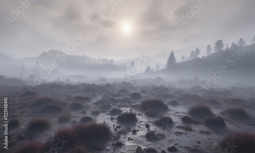 Hazy foggy landscape seamless background tile , serene landscape, hazy vista, dense fog photo