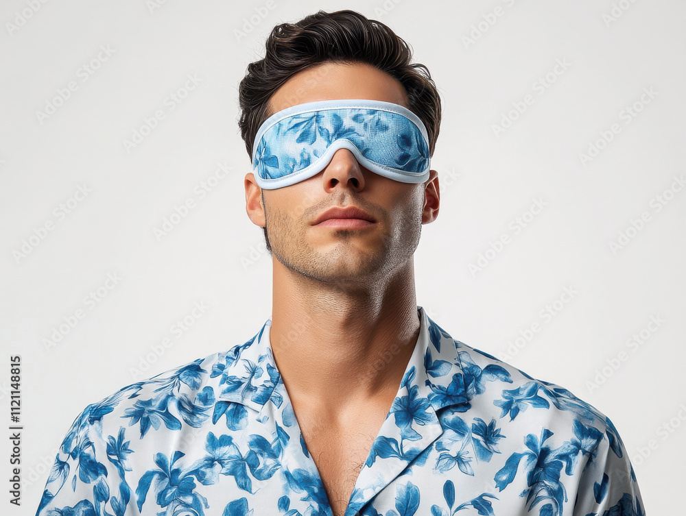 Relaxing man in floral pajama set with sleep mask on forehead Relaxing man in floral pajama set with sleep mask on forehead