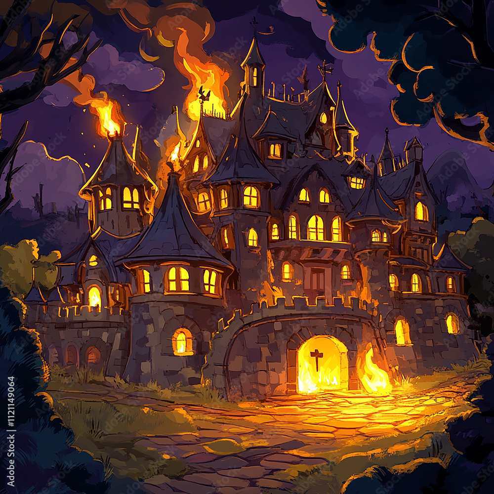 A large, dark castle is on fire at night. Lights are in the windows.
A large, dark castle is on fire at night. Lights are in the windows.