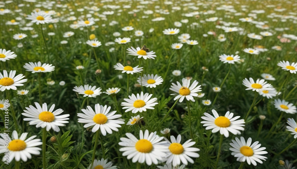 A single bee hovering above a bed of tall chamomile plants in full bloom, pollination, flowers, summer A single bee hovering above a bed of tall chamomile plants in full bloom, pollination, flowers, summer
