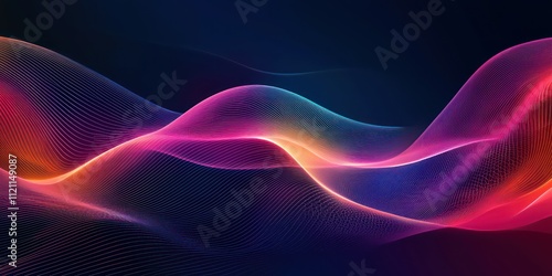 A futuristic abstract background with floating lines and shapes, blending bright neon colors over a dark gradient.