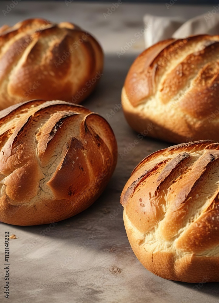 Freshly baked rustic bread loaves with golden brown crusts , farmhouse table, whole grain flour scattered around, fresh bread Freshly baked rustic bread loaves with golden brown crusts , farmhouse table, whole grain flour scattered around, fresh bread