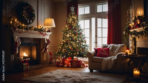 A warm and festive room with a Christmas tree adorned with ornaments, glitter, and an invitation sign for a holiday celebration