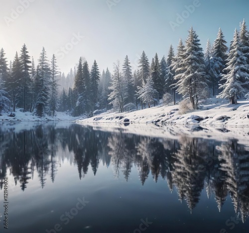 A serene winter lake with snow-covered trees reflected in the calm water , serene winter lake, winter wonderland, snow covered trees