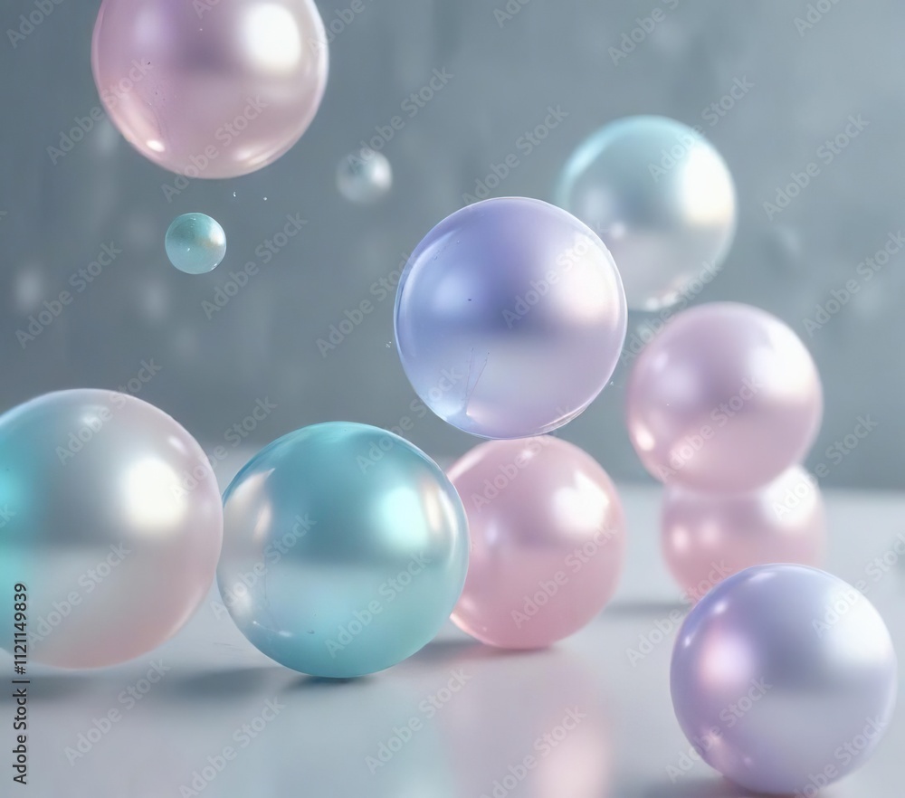 Iridescent pastel colors blended with translucent balls in a whimsical dance against a soft grayish-blue background , dreamy atmosphere, iridescent hues, ethereal scene Iridescent pastel colors blended with translucent balls in a whimsical dance against a soft grayish-blue background , dreamy atmosphere, iridescent hues, ethereal scene