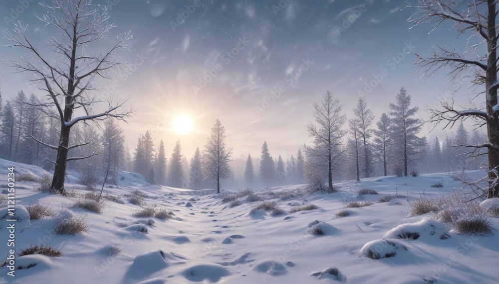 Snowflakes gently falling on a winter landscape, cold weather, frosty