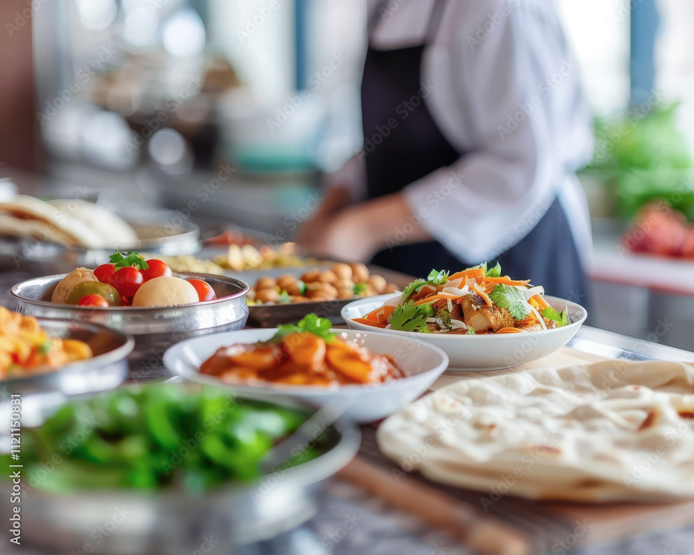 A halal meal in a kitchen, emphasizing Islamic food culture and religious dietary laws, focusing on halal food preparation and religious dietary compliance A halal meal in a kitchen, emphasizing Islamic food culture and religious dietary laws, focusing on halal food preparation and religious dietary compliance