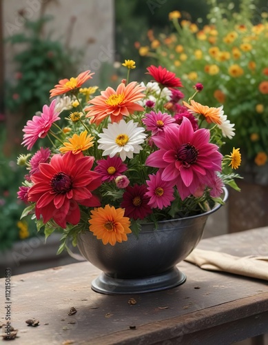 Wallpaper Mural A bouquet of dahlias and cosmos in a distressed metal sauceboat against a soft fall background , cosmos, metal vase, dahlias Torontodigital.ca