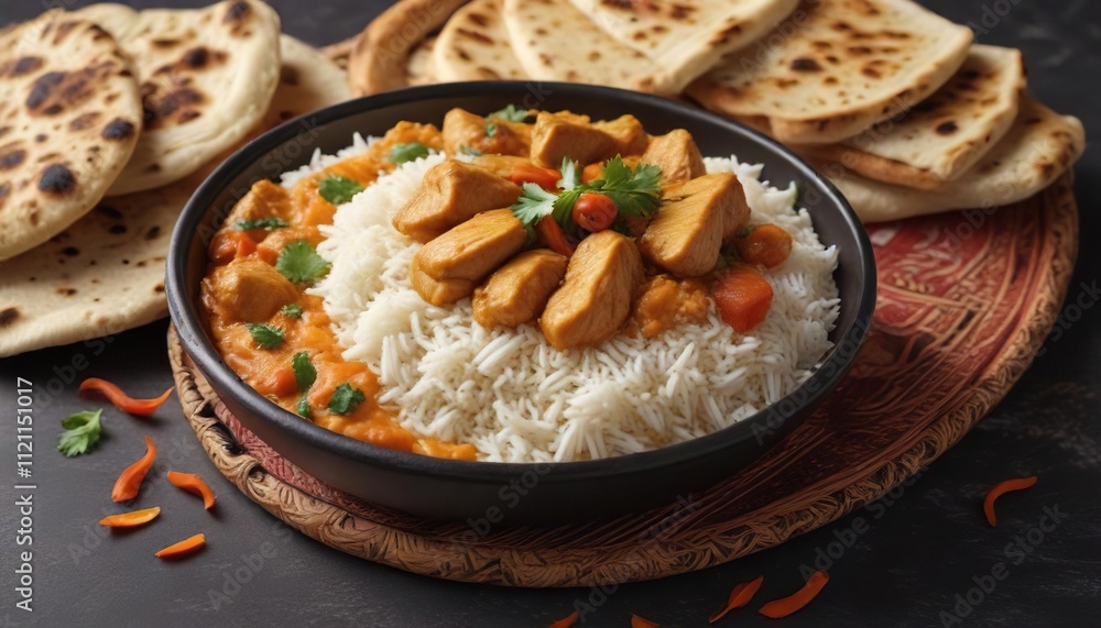 Aromatic basmati rice and saffron-infused chicken curry served with a side of crispy naan bread, aromatic spices, traditional recipe Aromatic basmati rice and saffron-infused chicken curry served with a side of crispy naan bread, aromatic spices, traditional recipe