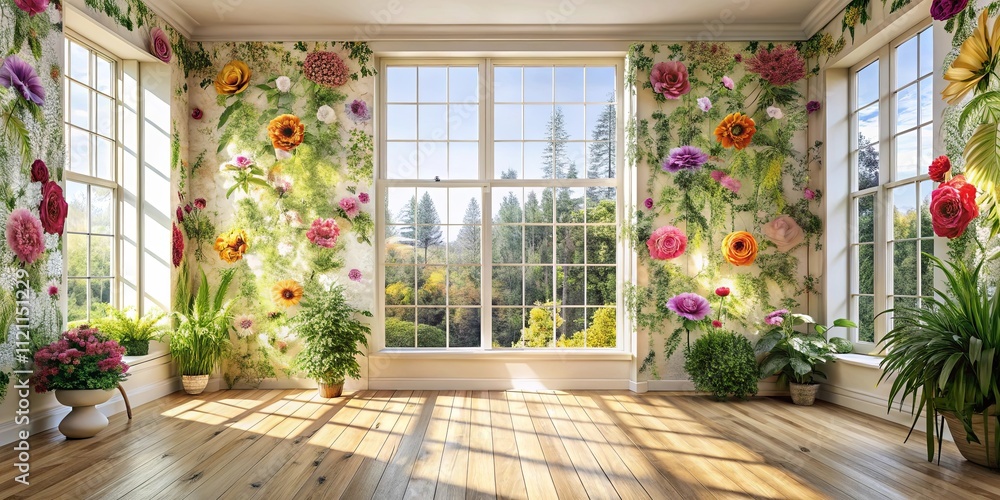 Fototapeta premium Sunlit Room with Vibrant Floral Wall Decor and Potted Plants