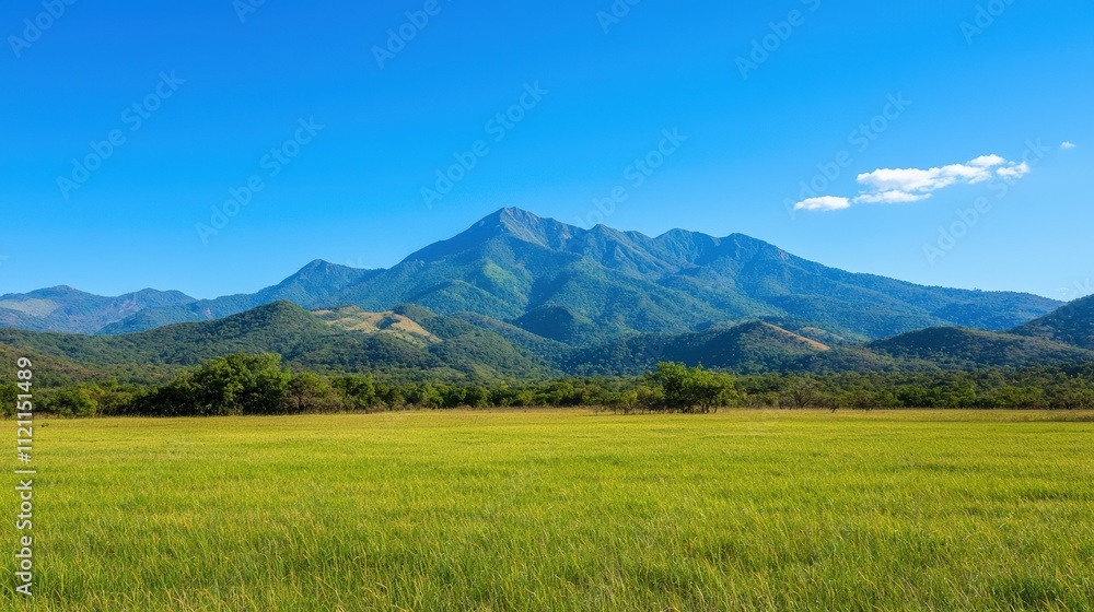 Fototapeta premium Green meadow stretching towards majestic mountain range under clear sky