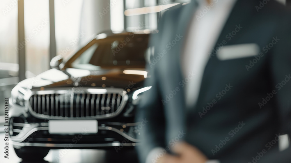 Luxury car salesman presenting a premium vehicle to a customer in a modern auto dealership. Business aspect of car sales, customer service excellence, and the elegance of high-end automotive design. Luxury car salesman presenting a premium vehicle to a customer in a modern auto dealership. Business aspect of car sales, customer service excellence, and the elegance of high-end automotive design.