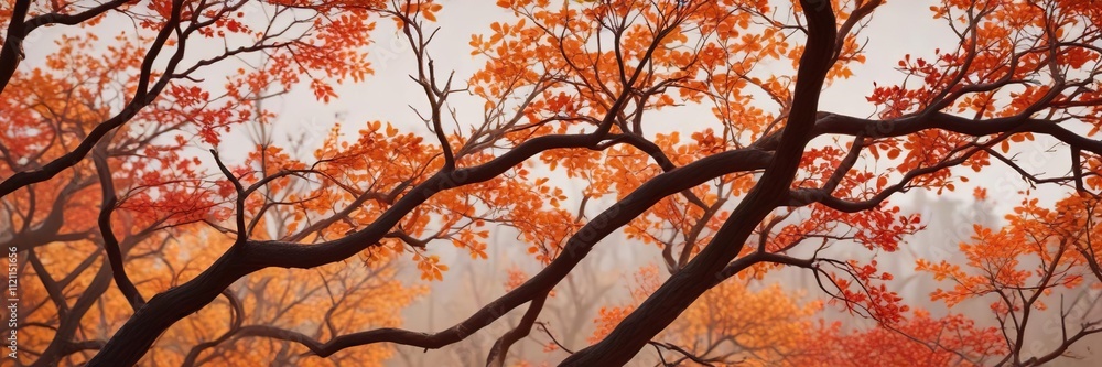 Overlapping branches in shades of orange and red, fall foliage, blurred background, overlapping leaves Overlapping branches in shades of orange and red, fall foliage, blurred background, overlapping leaves