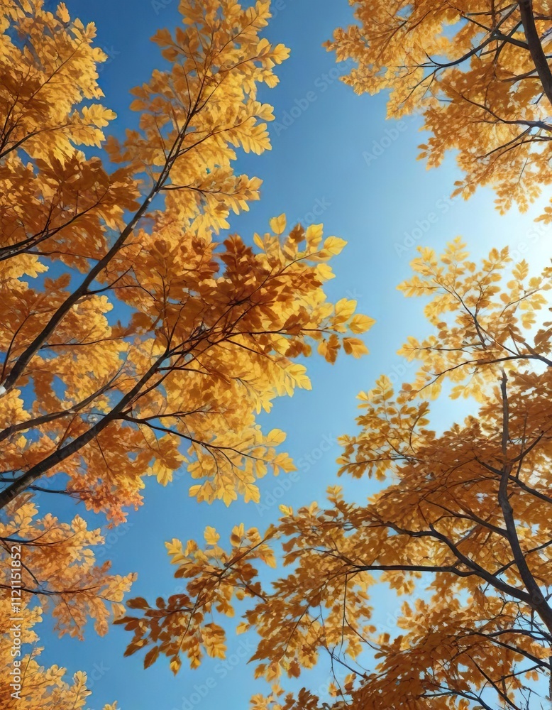 Amber colored leaves of Fagus grandifolia scattered on a clear blue sky , forest landscape, leaf colors, seasonal change Amber colored leaves of Fagus grandifolia scattered on a clear blue sky , forest landscape, leaf colors, seasonal change