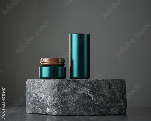 Satin teal tube and matte espresso jar placed on a basalt pedestal with gray backdrop.
