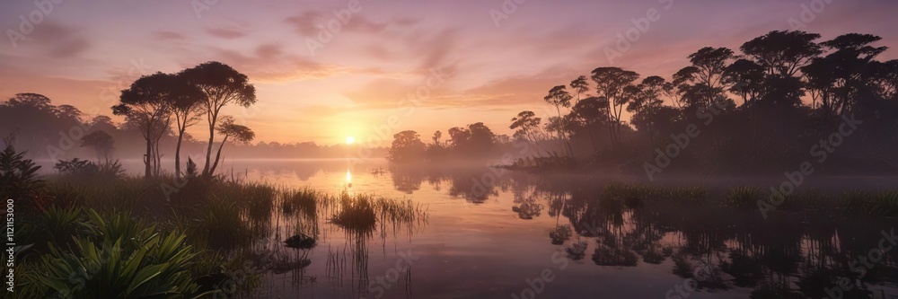Sunset over the misty banks of Laguna Grande Amazonia at dusk, serene, peaceful Sunset over the misty banks of Laguna Grande Amazonia at dusk, serene, peaceful